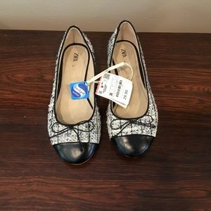 NEW Zara tweed leather cap toe ballerina flats 36